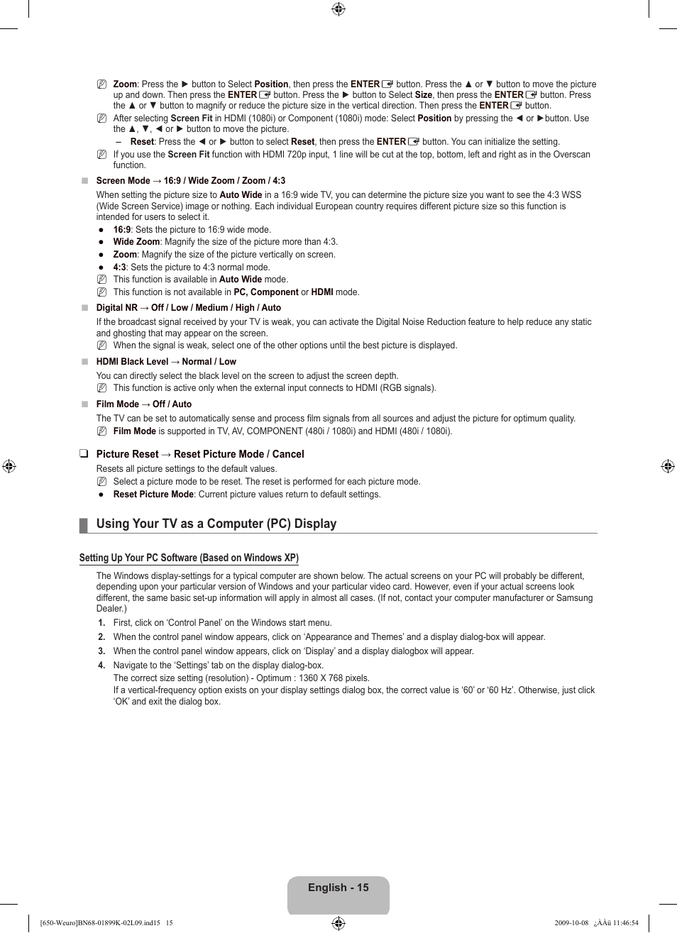 Using your tv as a computer (pc) display | Samsung LE19B650T6W User Manual | Page 17 / 296