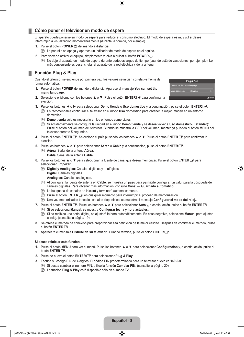 Cómo poner el televisor en modo de espera, Función plug & play | Samsung LE19B650T6W User Manual | Page 170 / 296