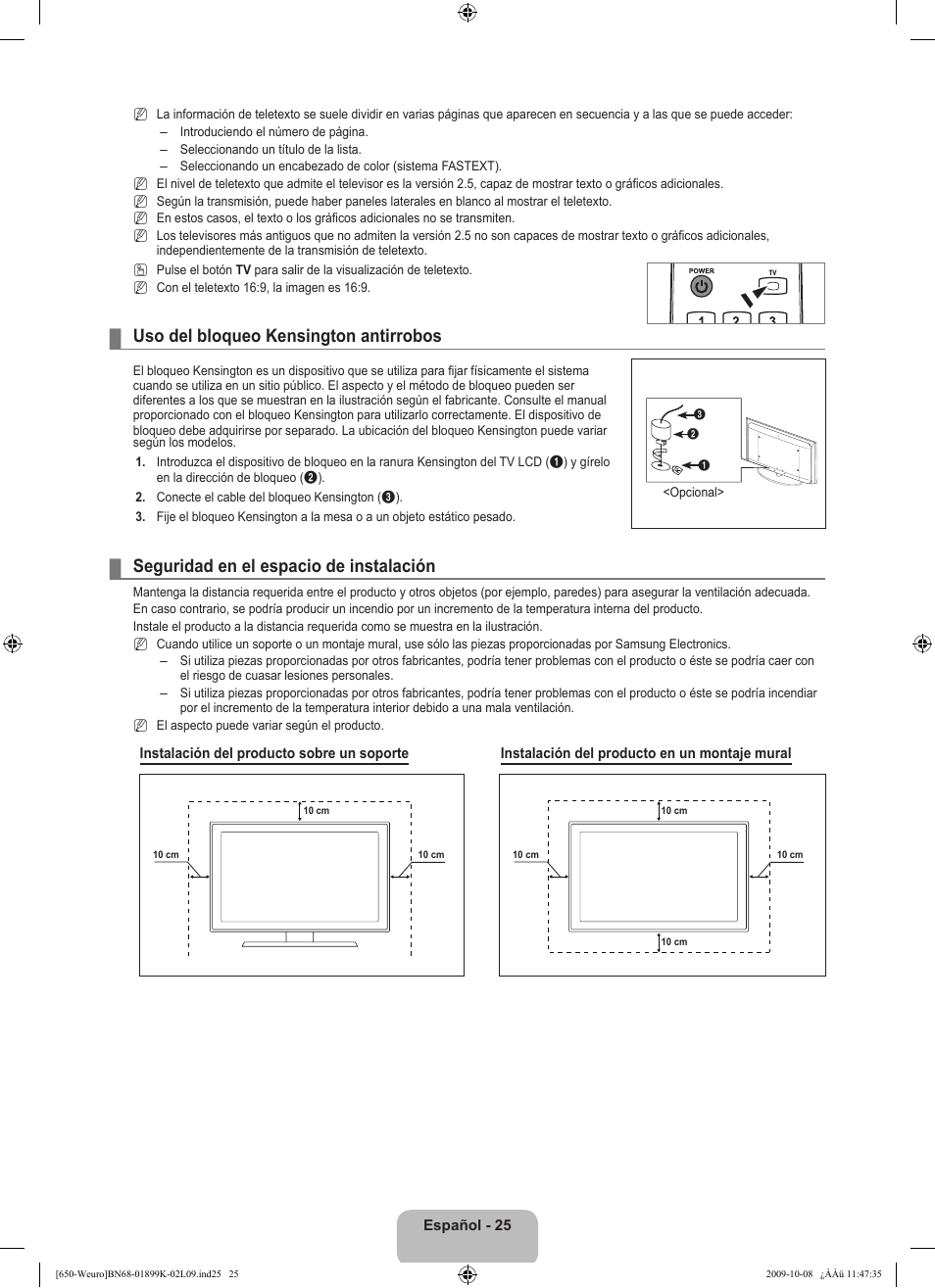 Uso del bloqueo kensington antirrobos, Seguridad en el espacio de instalación | Samsung LE19B650T6W User Manual | Page 187 / 296