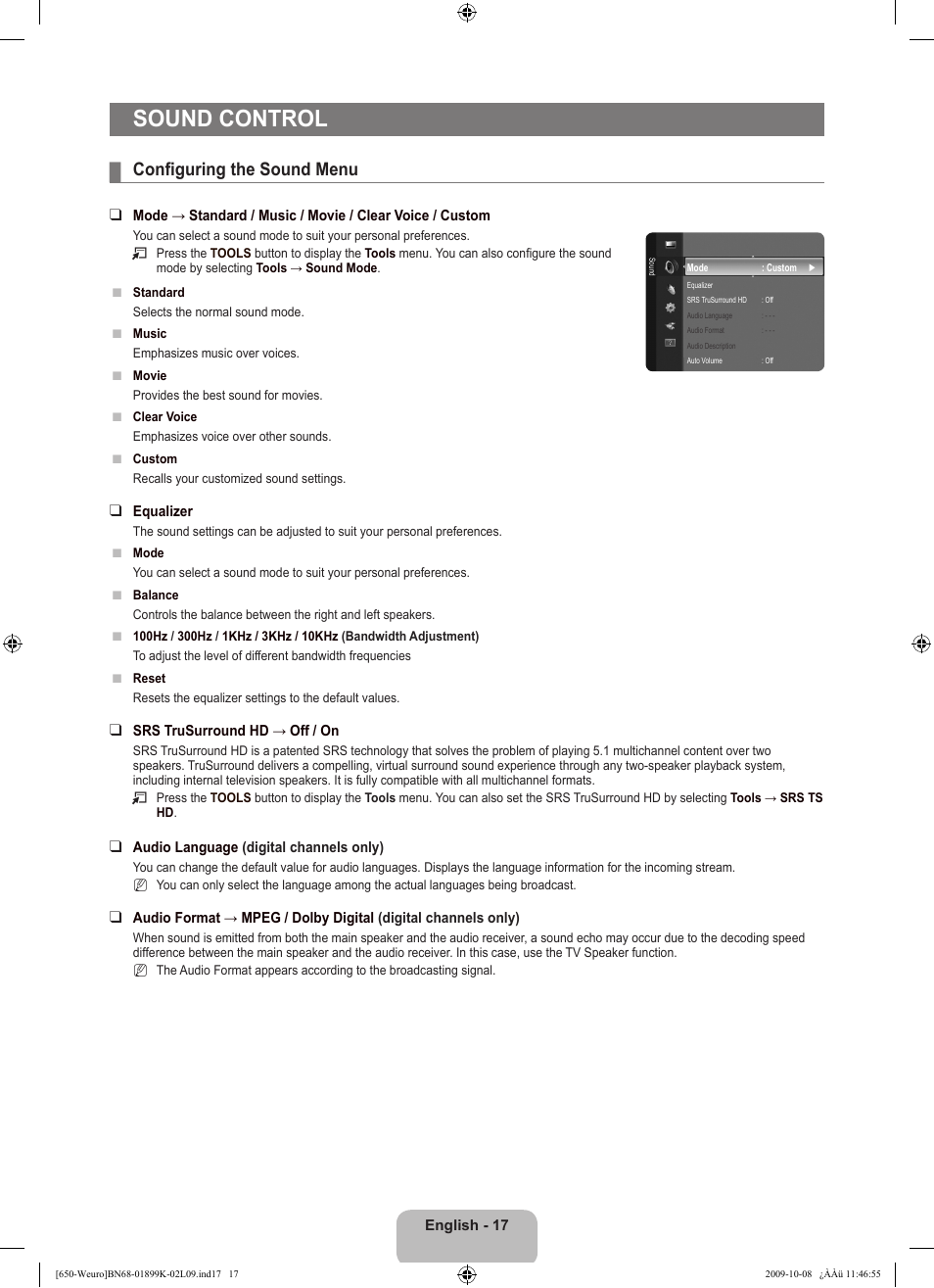 Sound control, Configuring the sound menu | Samsung LE19B650T6W User Manual | Page 19 / 296