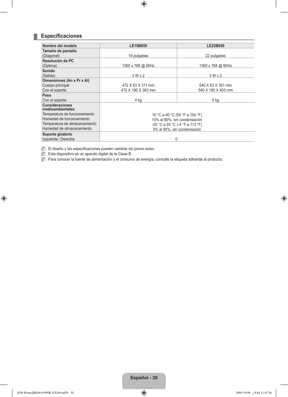 Especificaciones | Samsung LE19B650T6W User Manual | Page 192 / 296