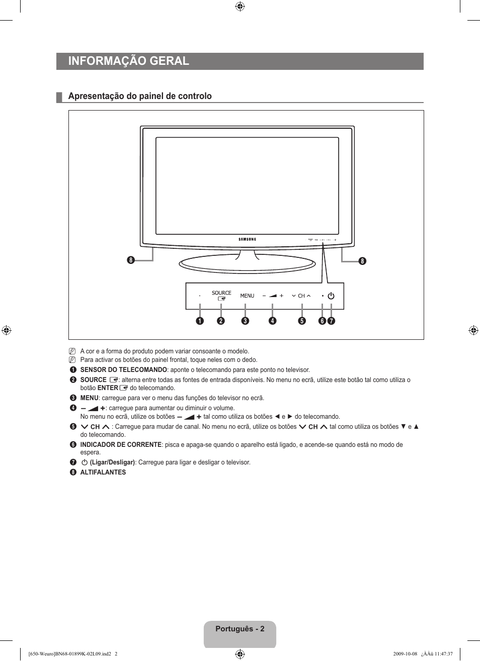 Informação geral, Apresentação do painel de controlo | Samsung LE19B650T6W User Manual | Page 196 / 296