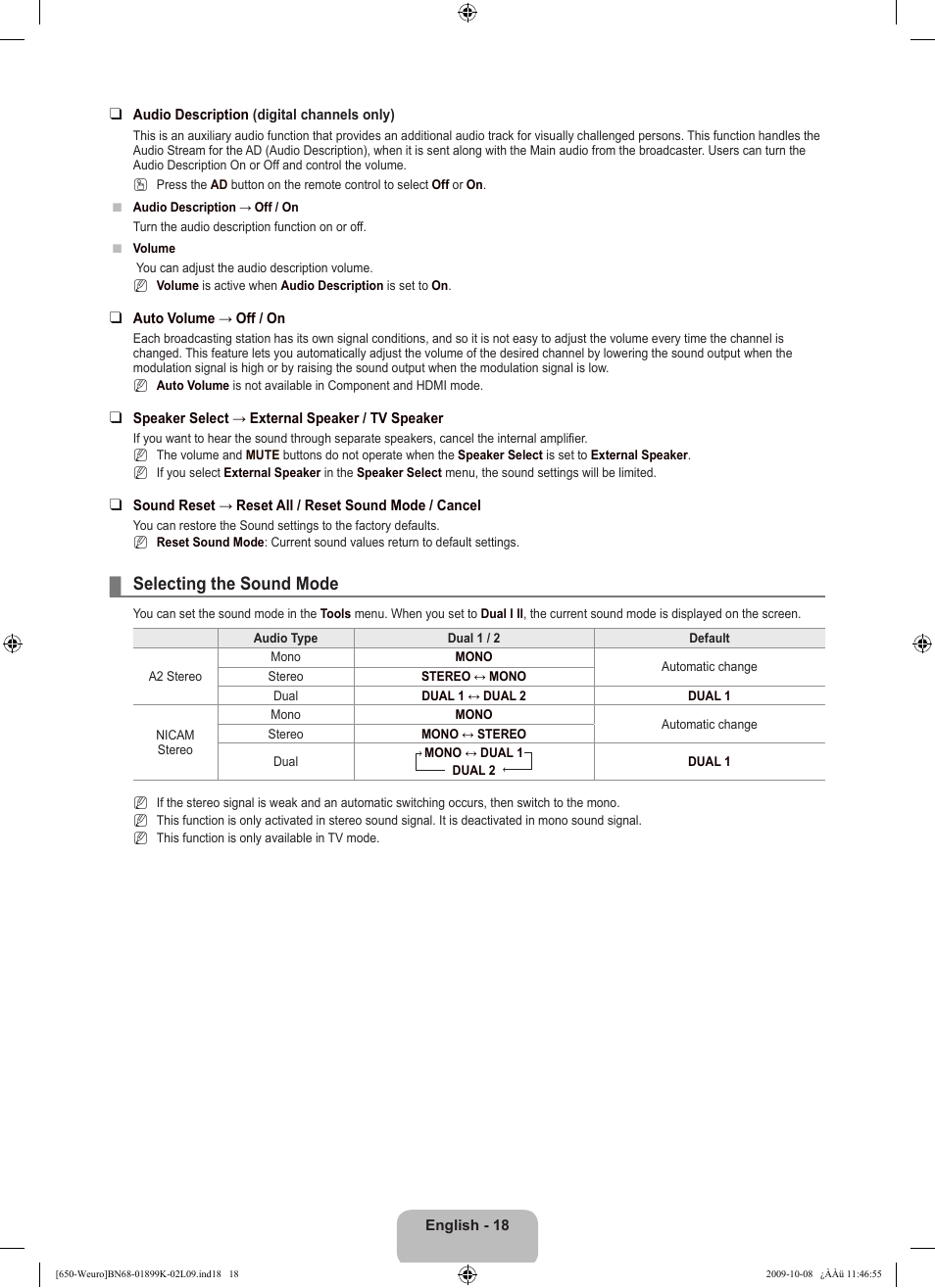 Selecting the sound mode | Samsung LE19B650T6W User Manual | Page 20 / 296