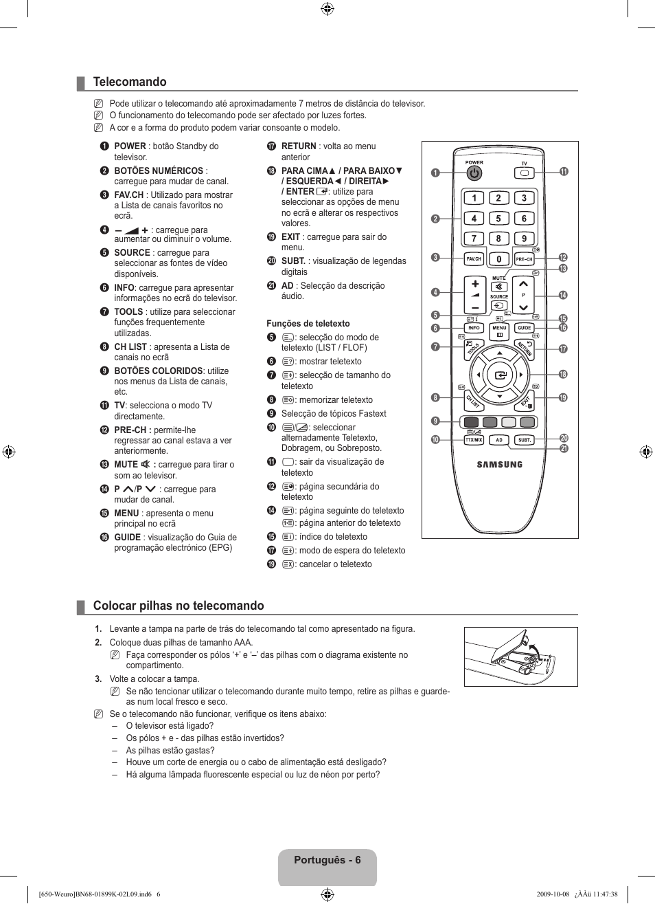 Telecomando, Colocar pilhas no telecomando | Samsung LE19B650T6W User Manual | Page 200 / 296