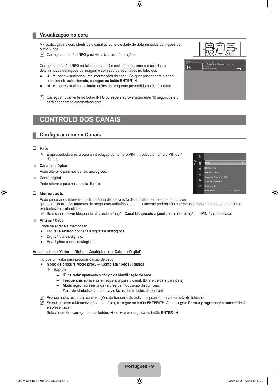Controlo dos canais, Visualização no ecrã, Configurar o menu canais | Samsung LE19B650T6W User Manual | Page 203 / 296