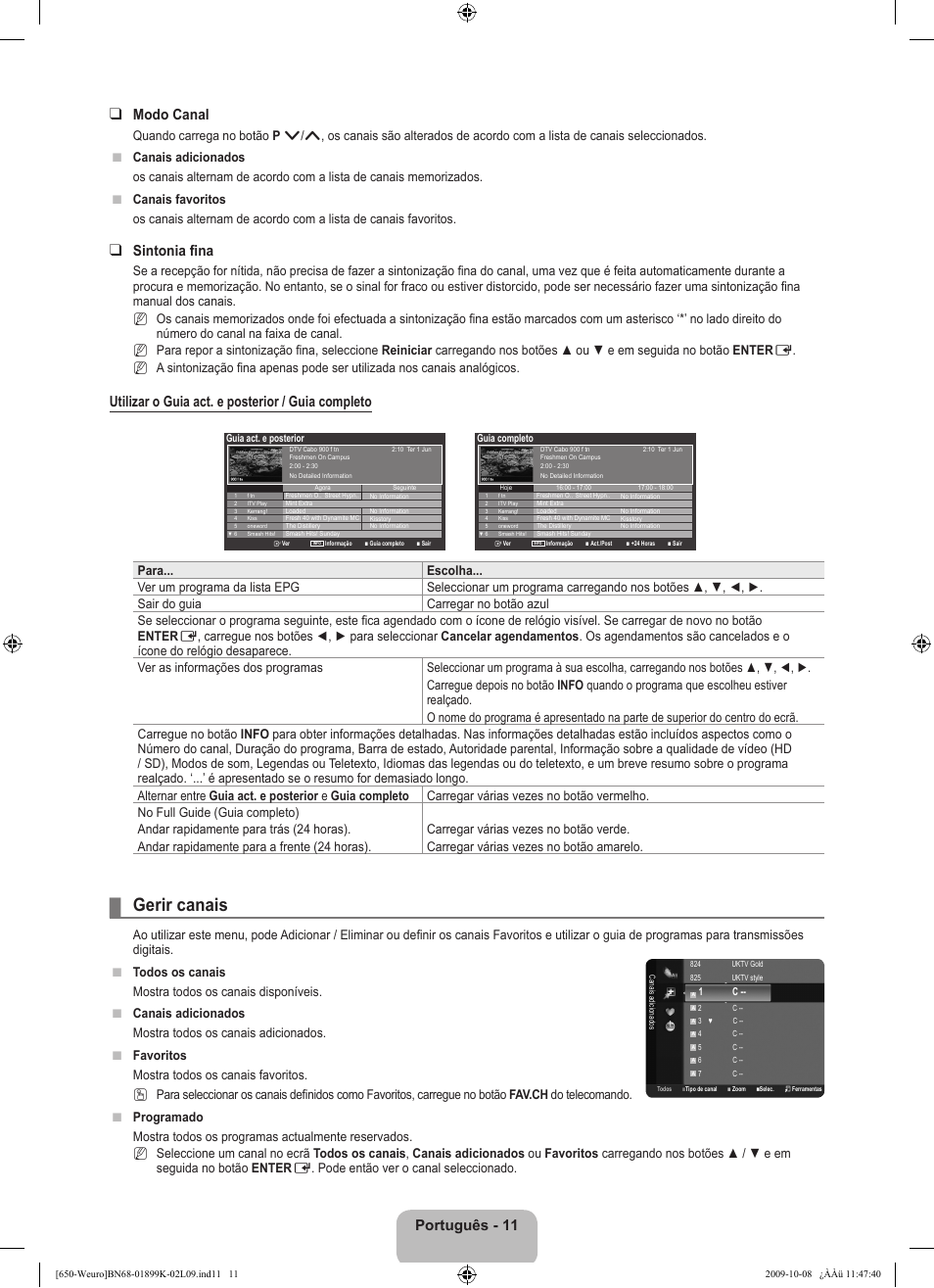 Gerir canais, Português -  modo canal, Sintonia fina | Utilizar o guia act. e posterior / guia completo, Nn n | Samsung LE19B650T6W User Manual | Page 205 / 296