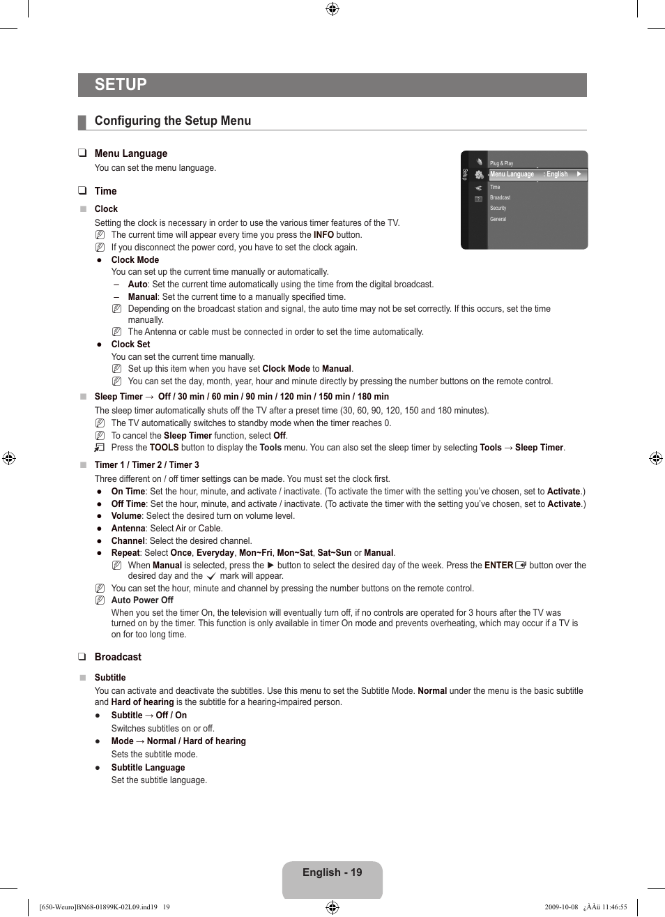 Setup, Configuring the setup menu | Samsung LE19B650T6W User Manual | Page 21 / 296