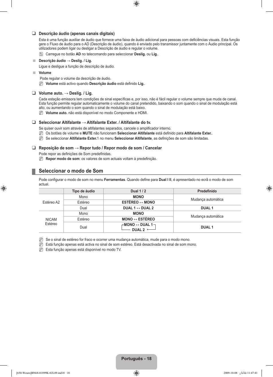 Seleccionar o modo de som | Samsung LE19B650T6W User Manual | Page 212 / 296