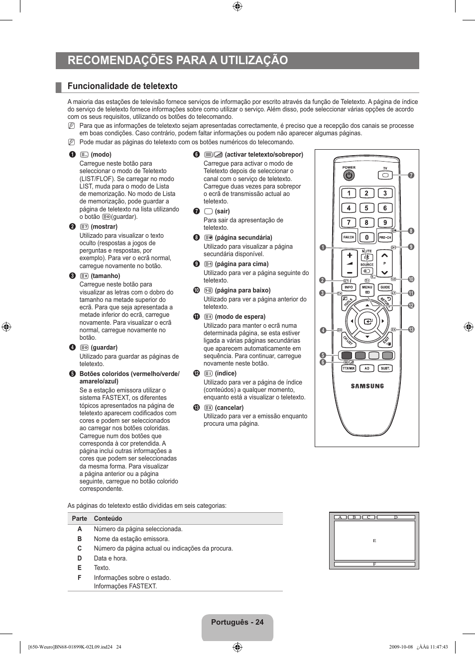 Recomendações para a utilização, Funcionalidade de teletexto | Samsung LE19B650T6W User Manual | Page 218 / 296