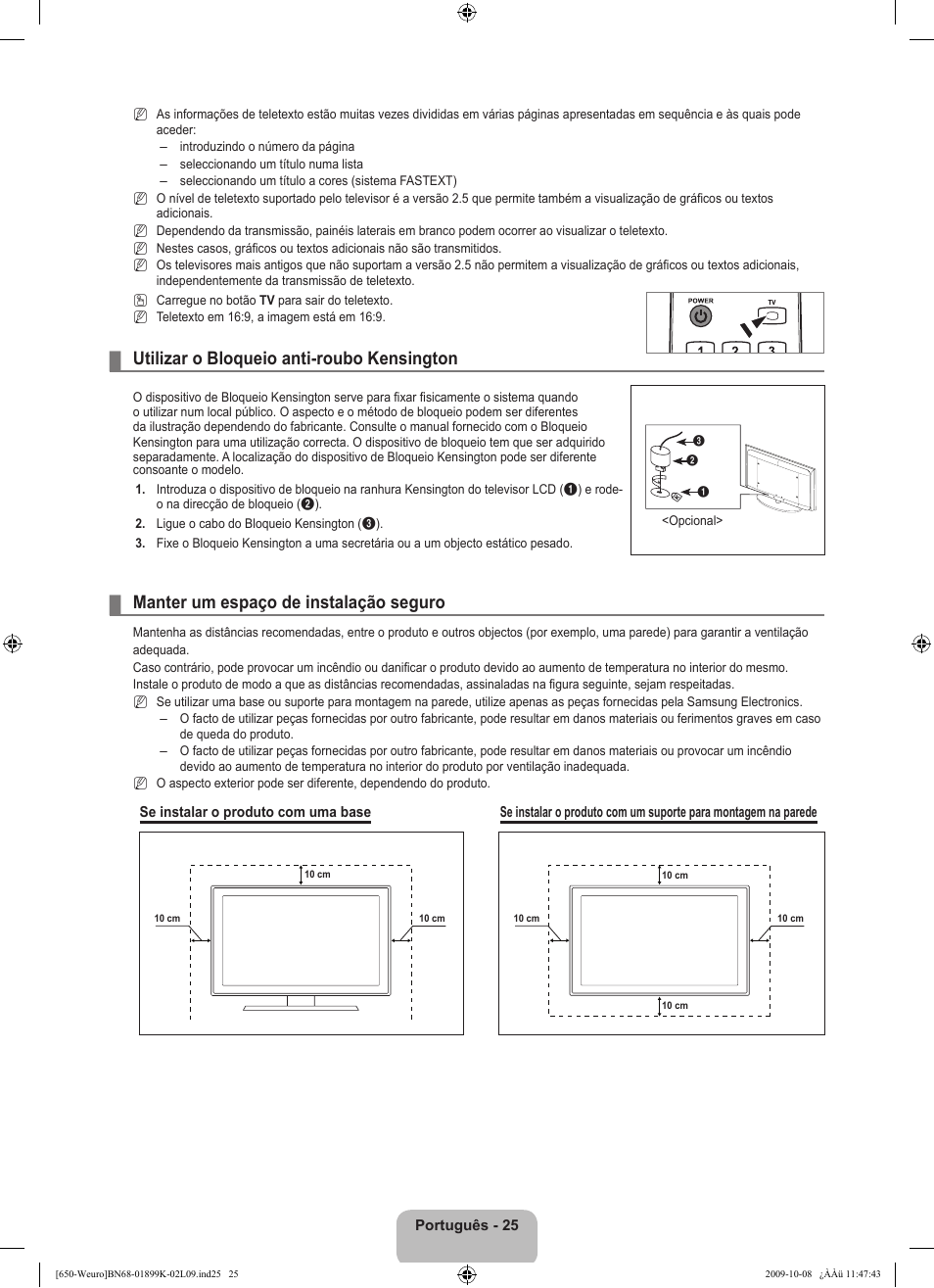 Utilizar o bloqueio anti-roubo kensington, Manter um espaço de instalação seguro | Samsung LE19B650T6W User Manual | Page 219 / 296