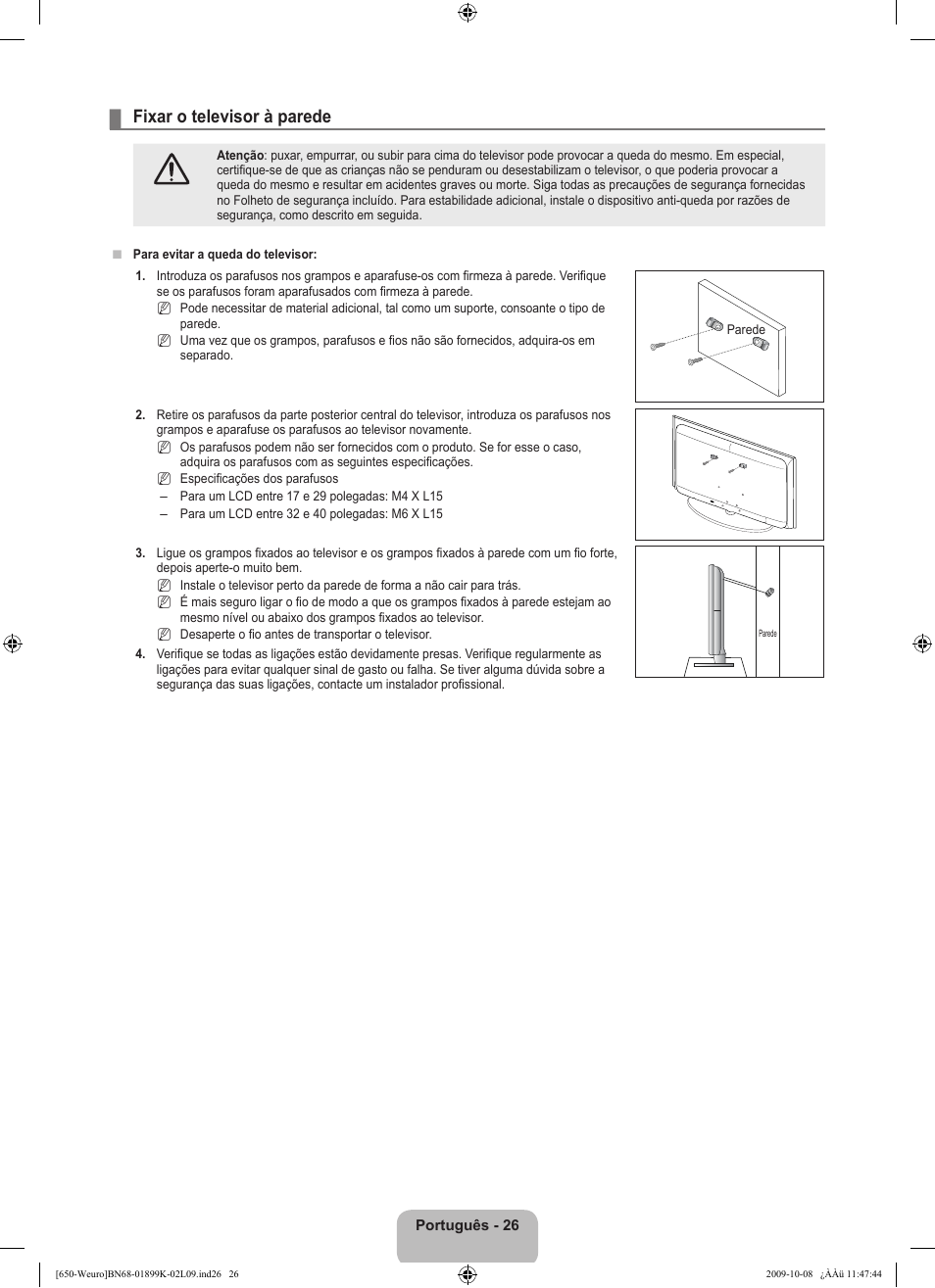 Fixar o televisor à parede | Samsung LE19B650T6W User Manual | Page 220 / 296