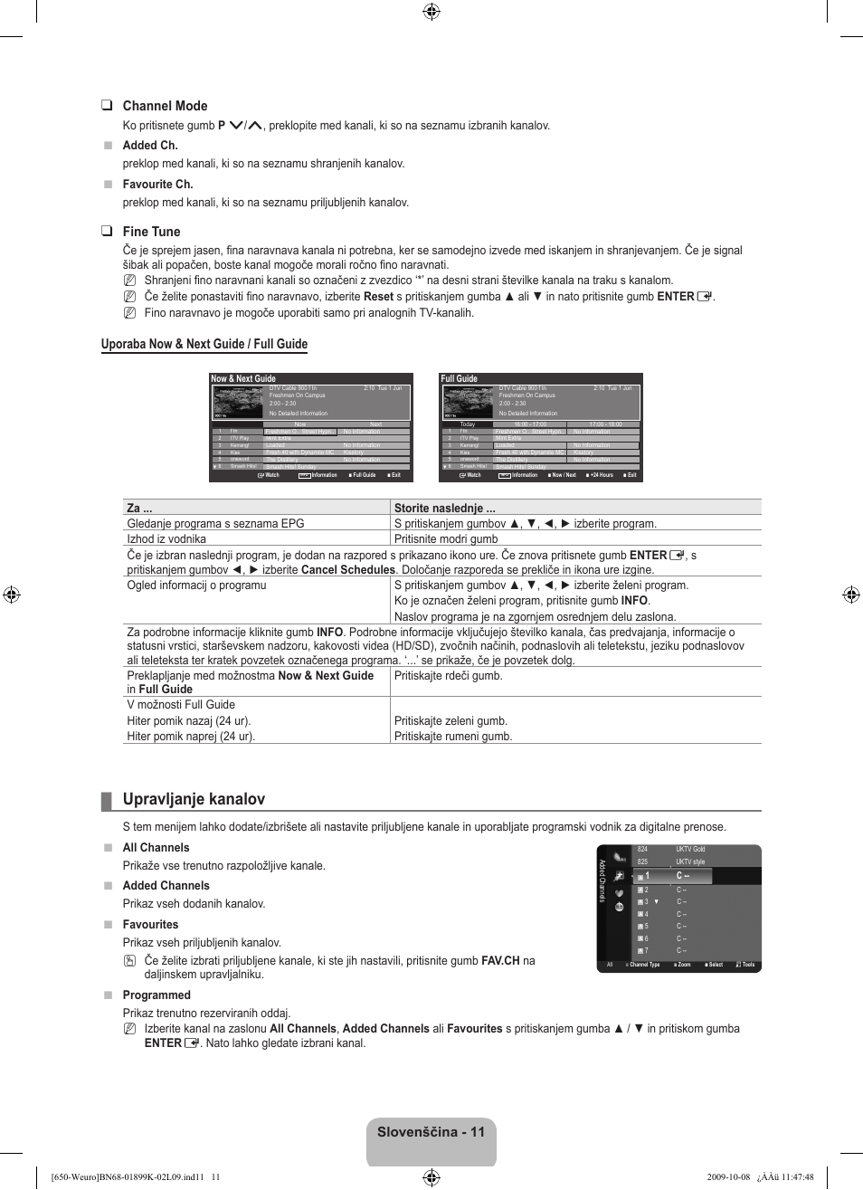 Upravljanje kanalov, Channel mode, Fine tune | Uporaba now & next guide / full guide, Slovenščina - 11, N n n | Samsung LE19B650T6W User Manual | Page 237 / 296