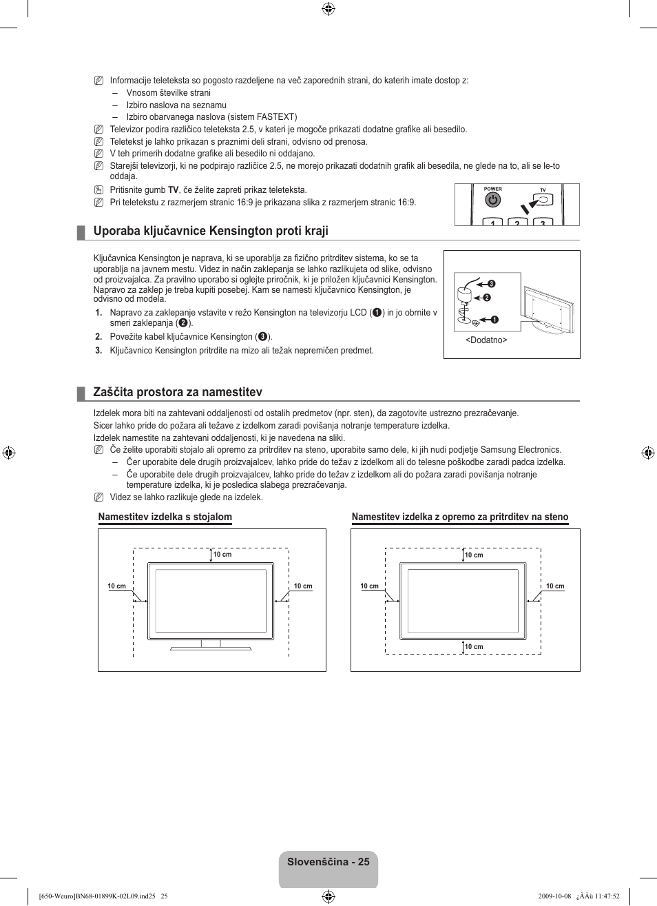 Uporaba ključavnice kensington proti kraji, Zaščita prostora za namestitev | Samsung LE19B650T6W User Manual | Page 251 / 296