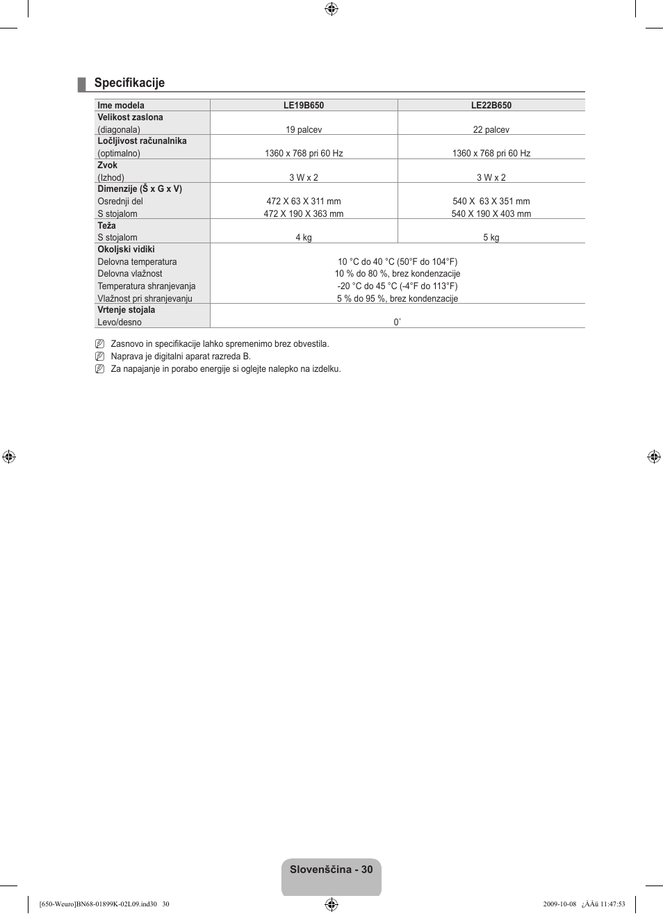Specifikacije | Samsung LE19B650T6W User Manual | Page 256 / 296
