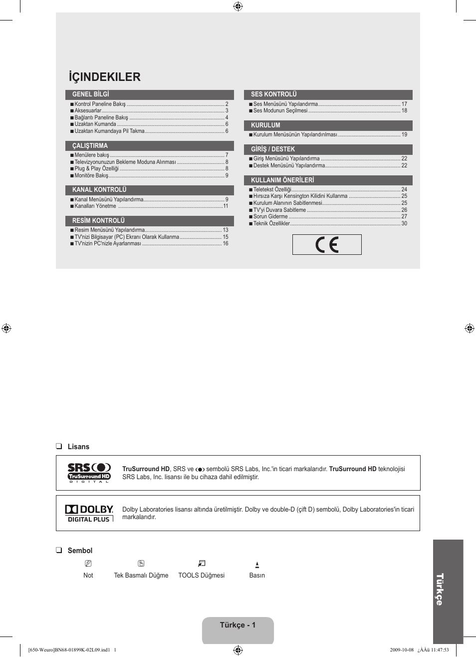Içindekiler, Tür kçe | Samsung LE19B650T6W User Manual | Page 259 / 296