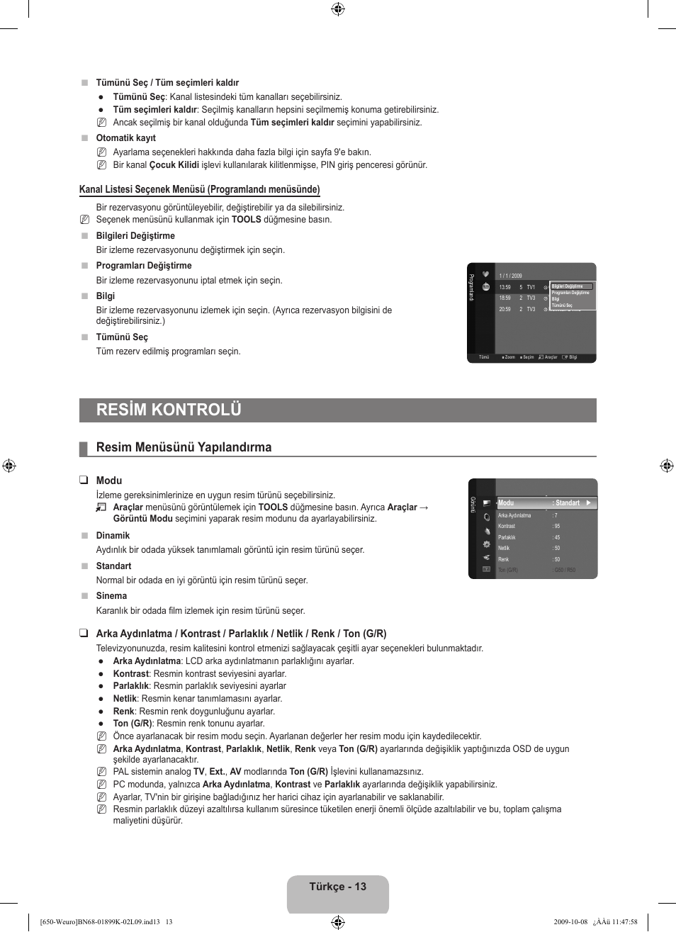 Resim kontrolü, Resim menüsünü yapılandırma | Samsung LE19B650T6W User Manual | Page 271 / 296