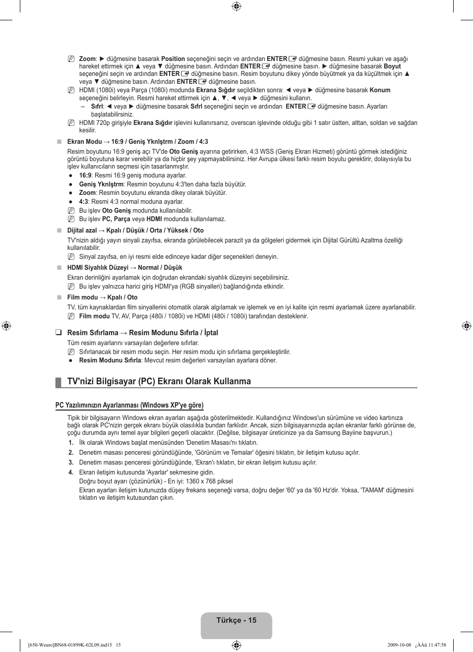 Tv'nizi bilgisayar (pc) ekranı olarak kullanma | Samsung LE19B650T6W User Manual | Page 273 / 296