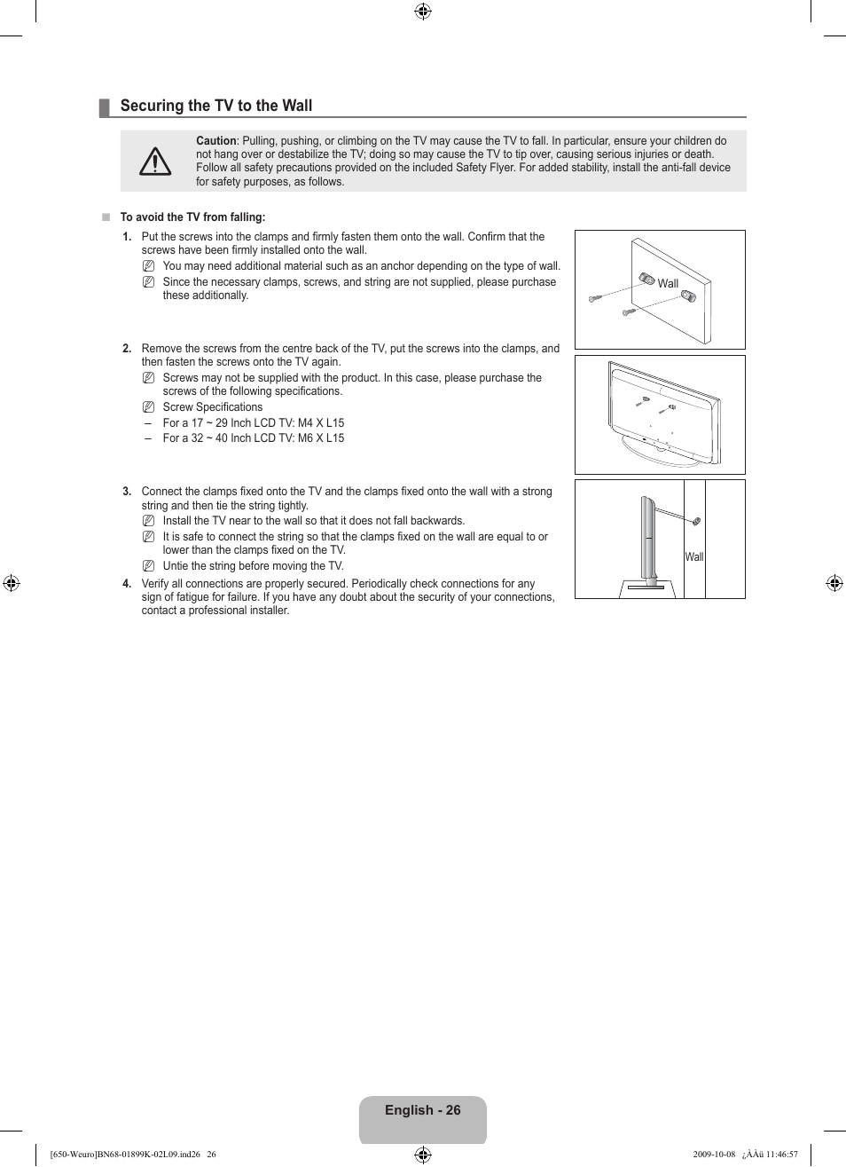 Securing the tv to the wall | Samsung LE19B650T6W User Manual | Page 28 / 296