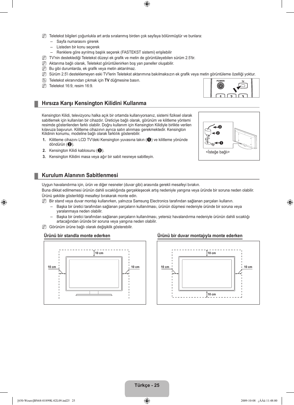Hırsıza karşı kensington kilidini kullanma, Kurulum alanının sabitlenmesi | Samsung LE19B650T6W User Manual | Page 283 / 296