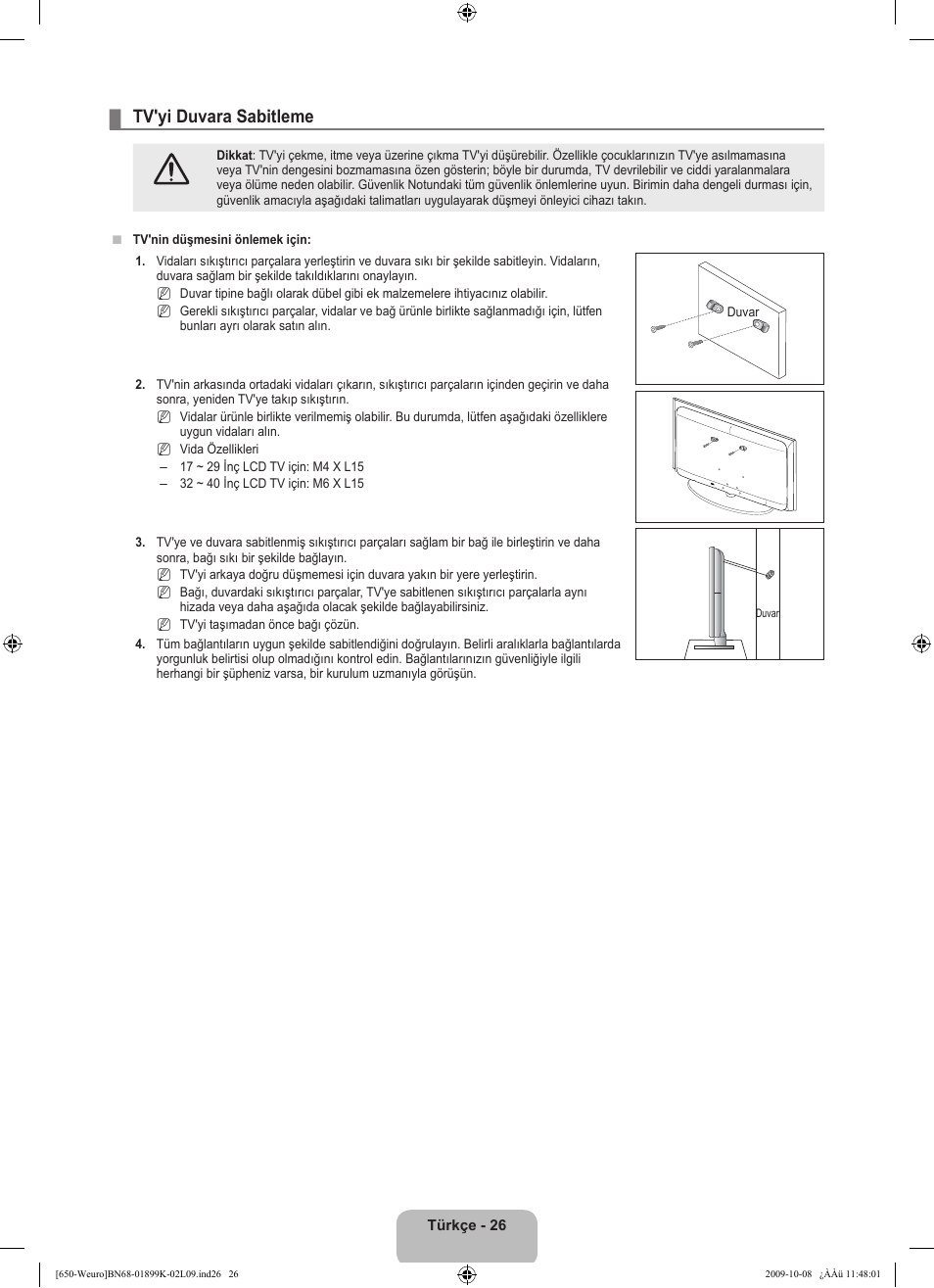 Tv'yi duvara sabitleme | Samsung LE19B650T6W User Manual | Page 284 / 296