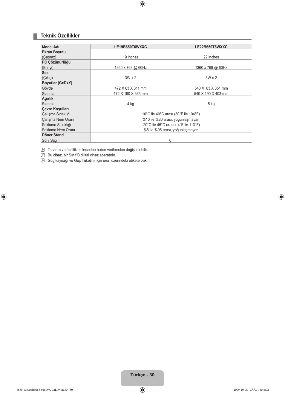 Teknik özellikler | Samsung LE19B650T6W User Manual | Page 288 / 296