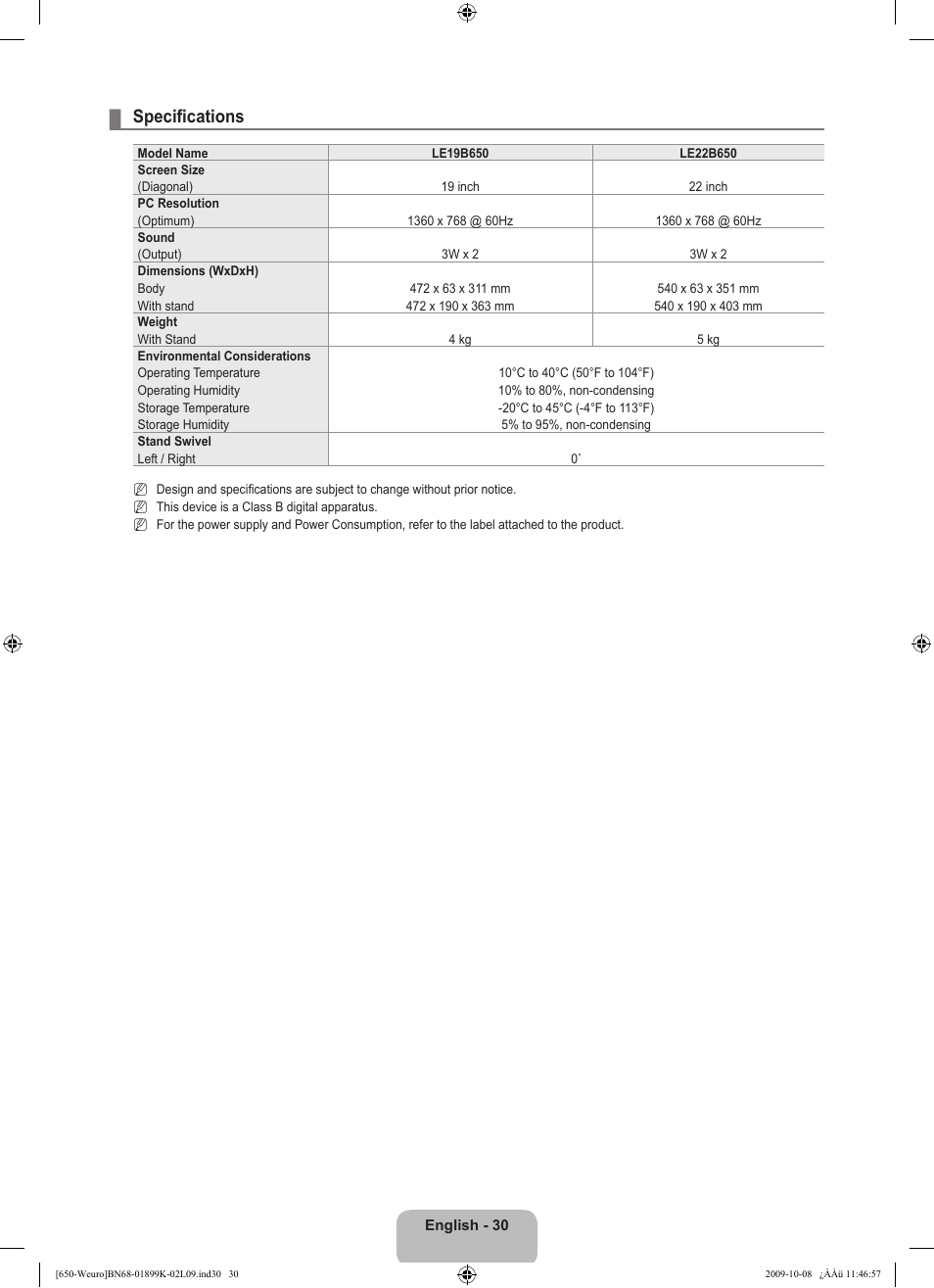 Specifications | Samsung LE19B650T6W User Manual | Page 32 / 296