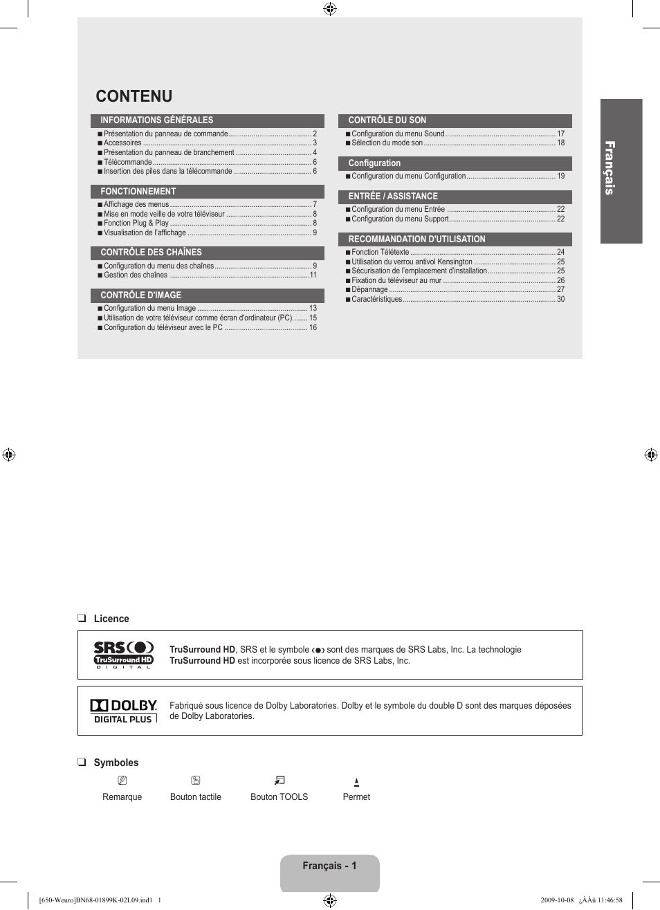 Contenu, Fr ançais | Samsung LE19B650T6W User Manual | Page 35 / 296