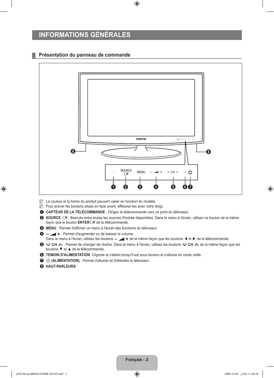 Informations générales, Présentation du panneau de commande | Samsung LE19B650T6W User Manual | Page 36 / 296