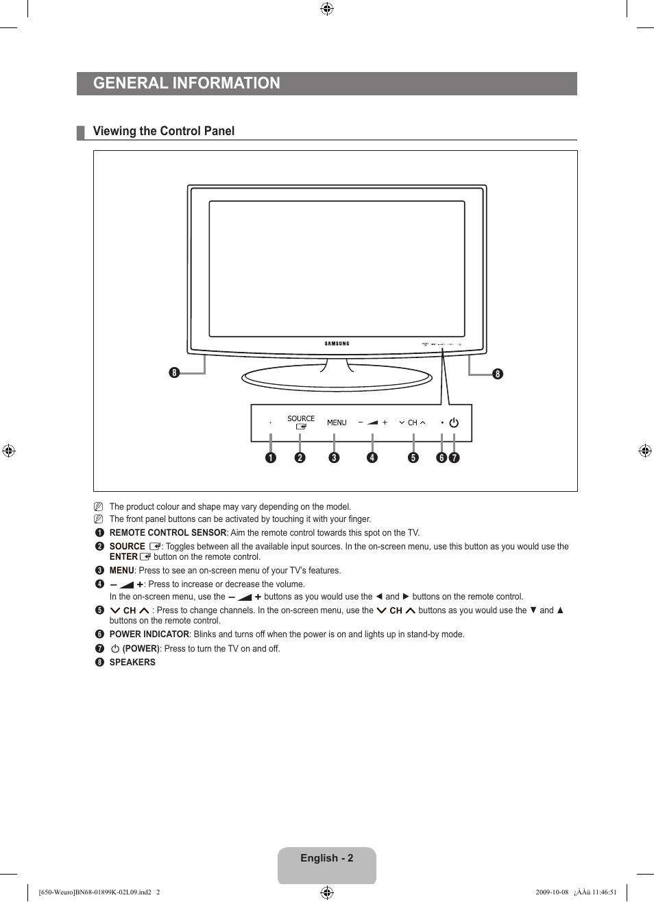 General information, Viewing the control panel | Samsung LE19B650T6W User Manual | Page 4 / 296