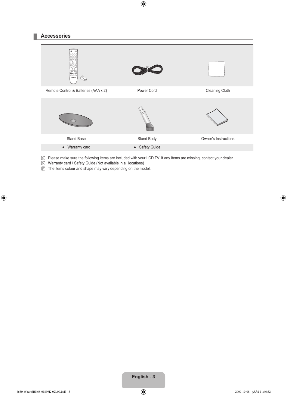 Accessories | Samsung LE19B650T6W User Manual | Page 5 / 296