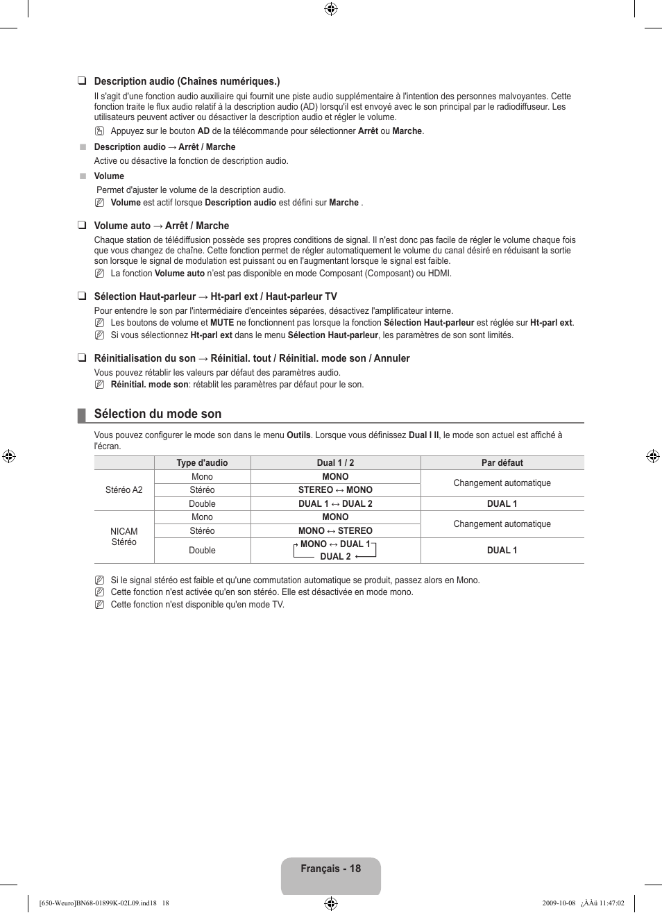 Sélection du mode son | Samsung LE19B650T6W User Manual | Page 52 / 296