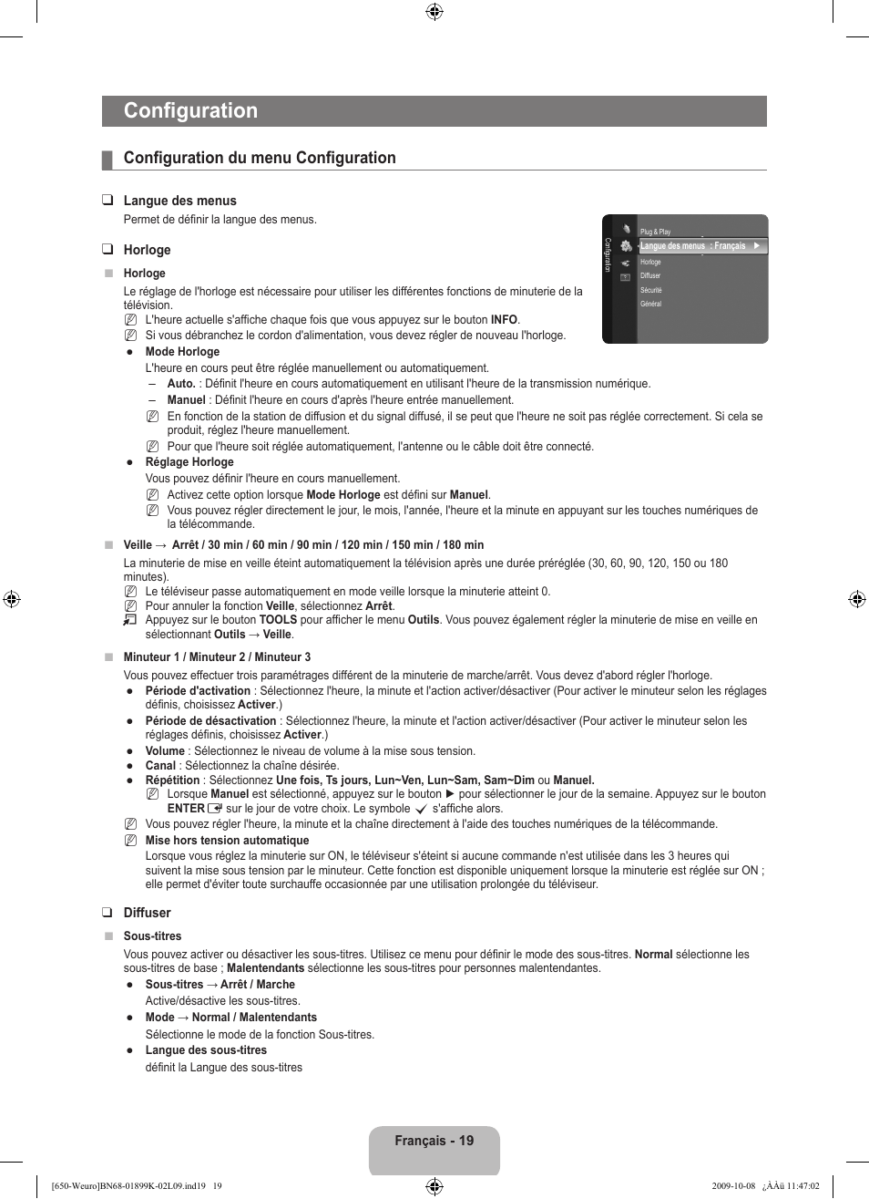 Configuration, Configuration du menu configuration | Samsung LE19B650T6W User Manual | Page 53 / 296