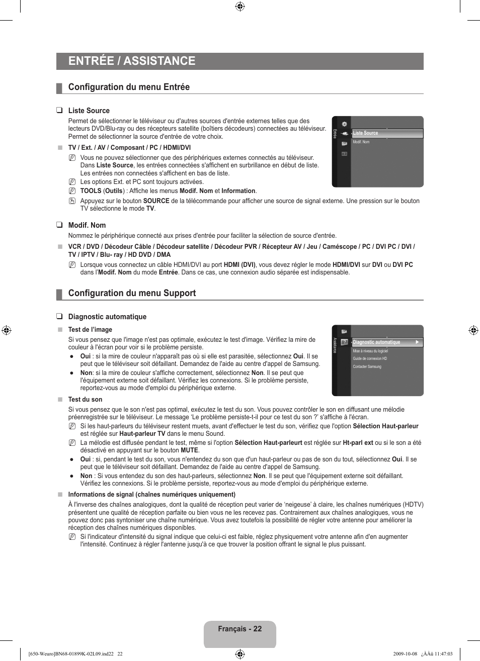 Entrée / assistance, Configuration du menu entrée, Configuration du menu support | Samsung LE19B650T6W User Manual | Page 56 / 296