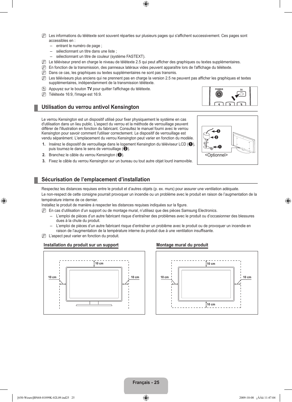 Utilisation du verrou antivol kensington, Sécurisation de l’emplacement d’installation | Samsung LE19B650T6W User Manual | Page 59 / 296