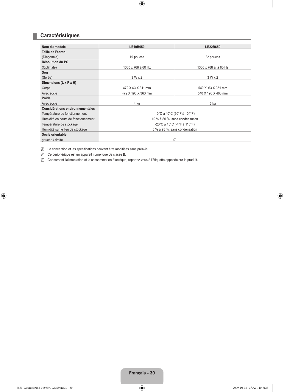 Caractéristiques, Français - 30 | Samsung LE19B650T6W User Manual | Page 64 / 296