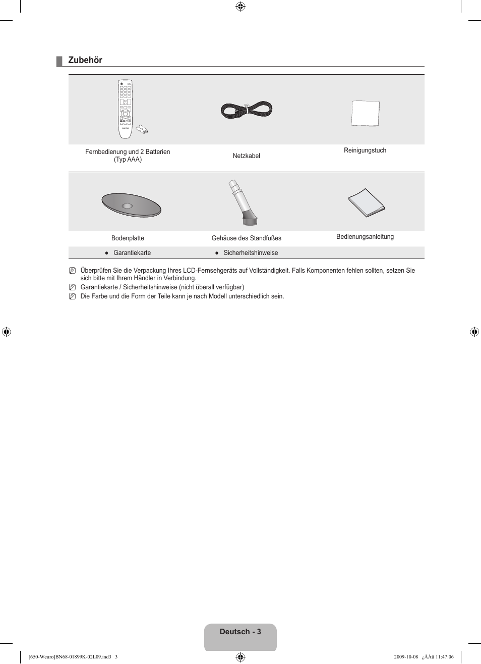 Zubehör | Samsung LE19B650T6W User Manual | Page 69 / 296