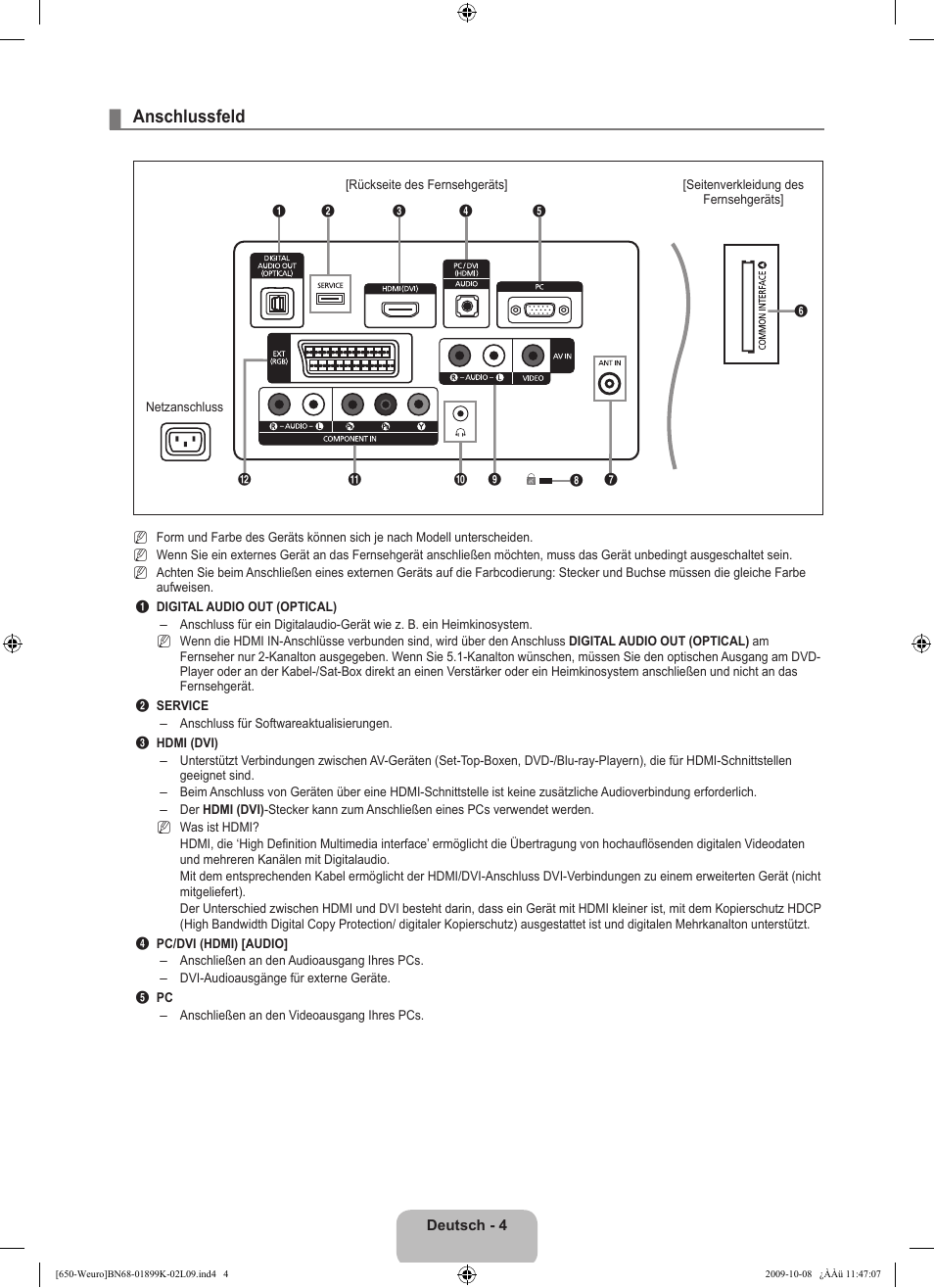 Anschlussfeld | Samsung LE19B650T6W User Manual | Page 70 / 296