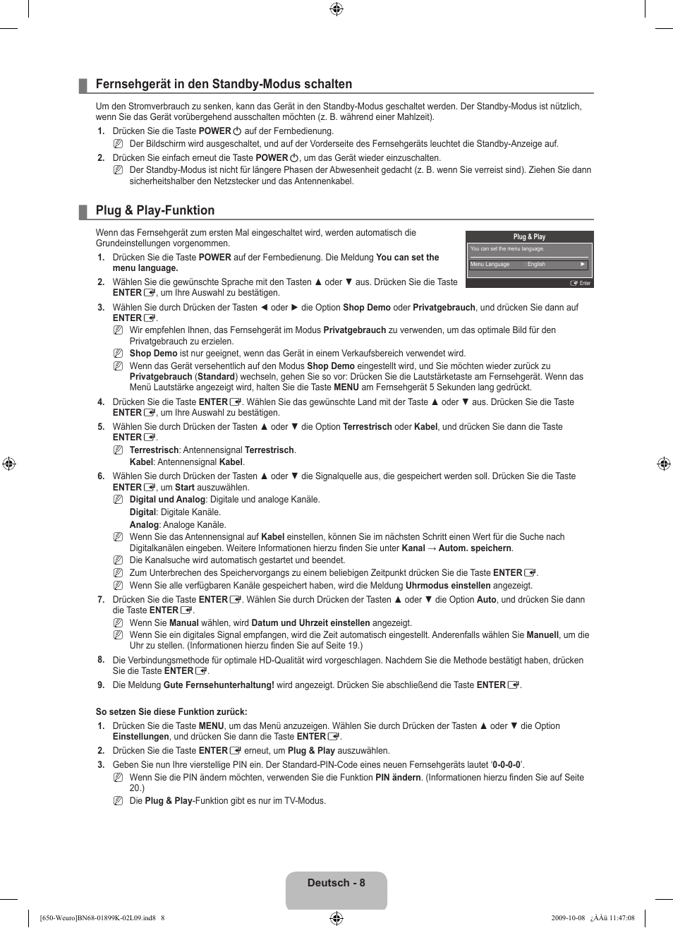 Fernsehgerät in den standby-modus schalten, Plug & play-funktion | Samsung LE19B650T6W User Manual | Page 74 / 296