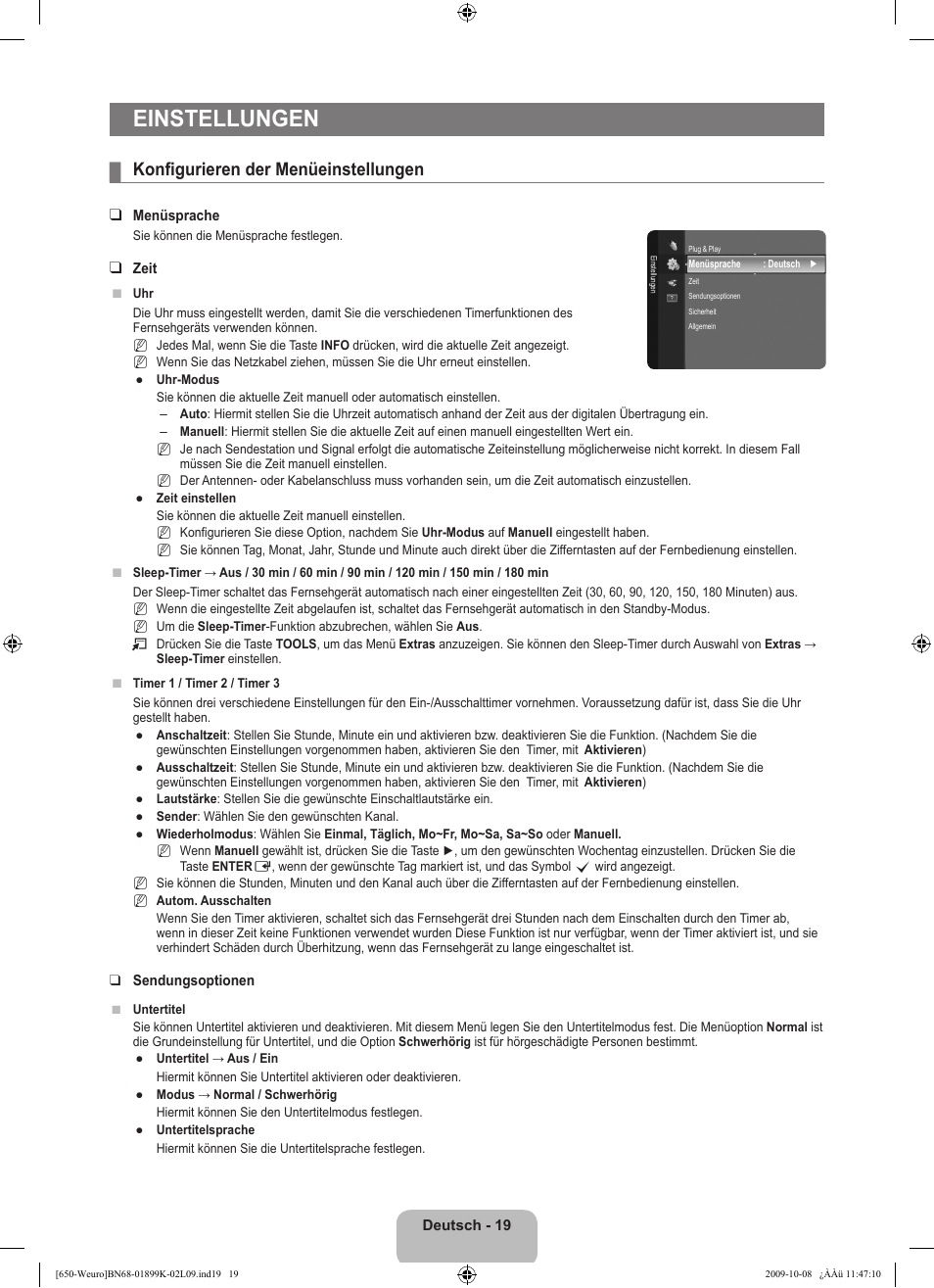 Einstellungen, Konfigurieren der menüeinstellungen | Samsung LE19B650T6W User Manual | Page 85 / 296