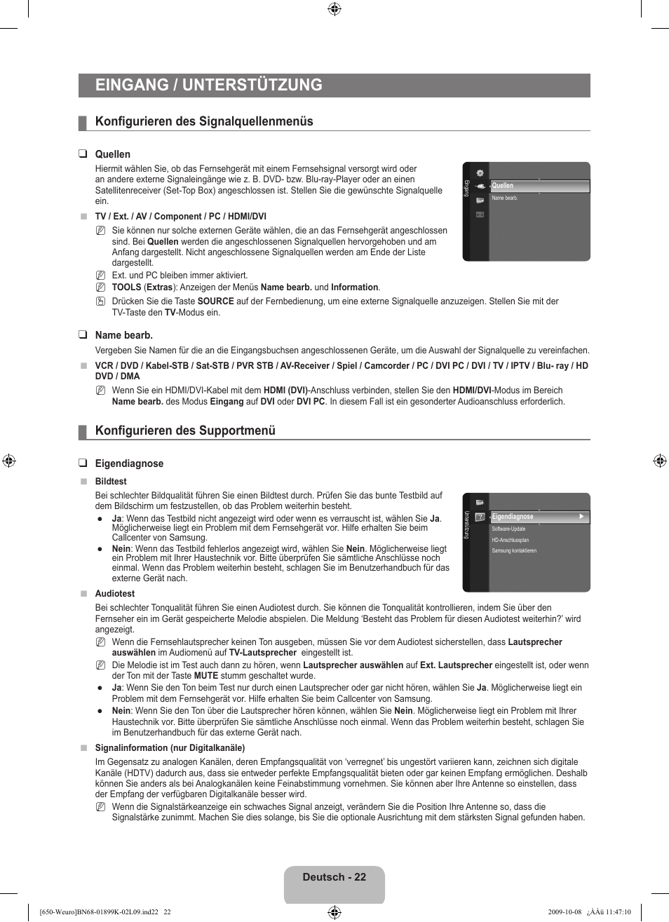 Eingang / unterstützung, Konfigurieren des signalquellenmenüs, Konfigurieren des supportmenü | Samsung LE19B650T6W User Manual | Page 88 / 296