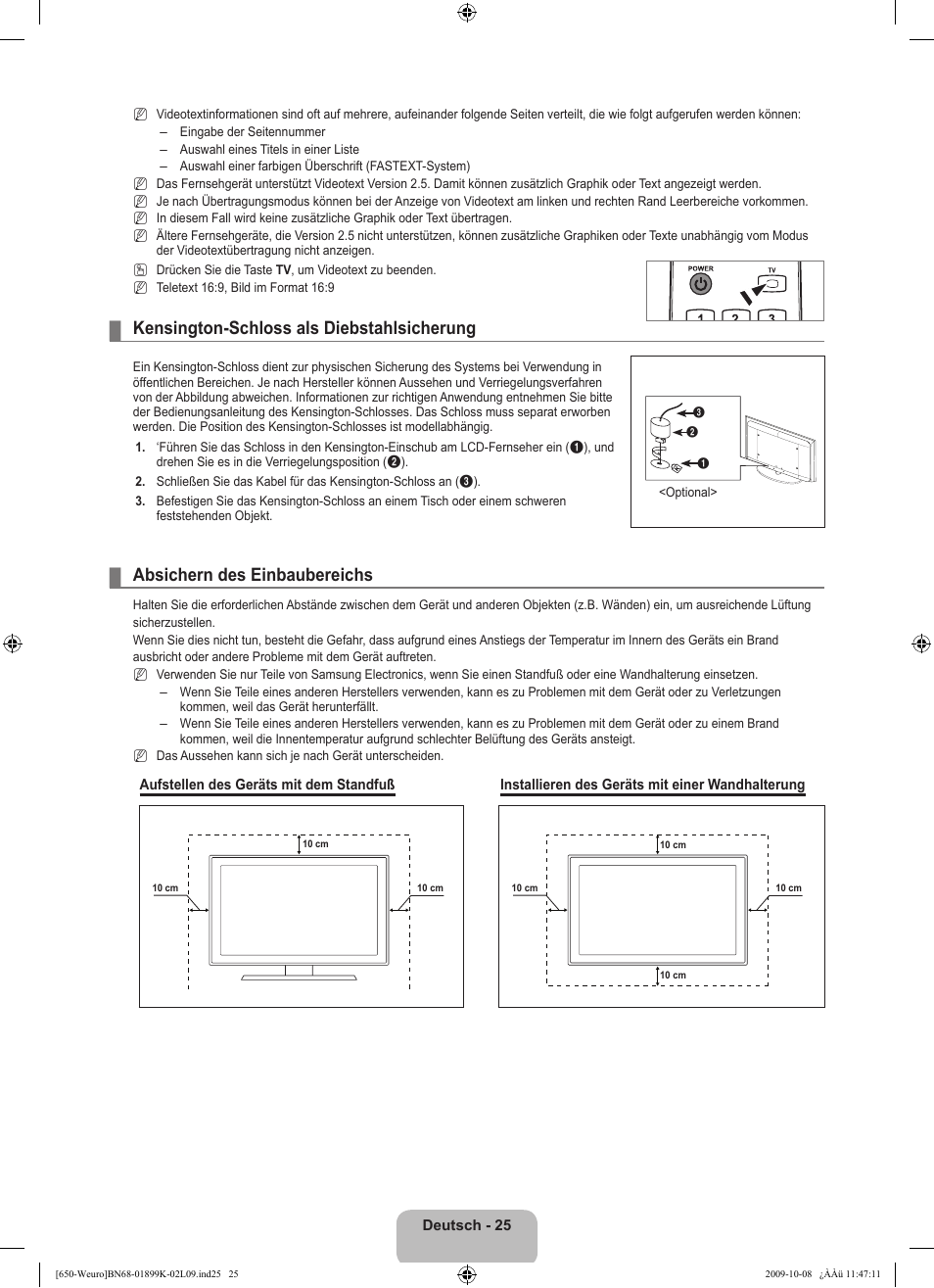 Kensington-schloss als diebstahlsicherung, Absichern des einbaubereichs | Samsung LE19B650T6W User Manual | Page 91 / 296