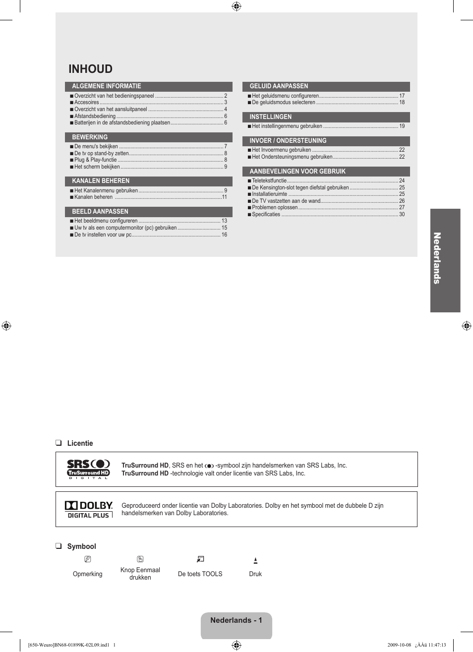 Inhoud, Neder lands | Samsung LE19B650T6W User Manual | Page 99 / 296