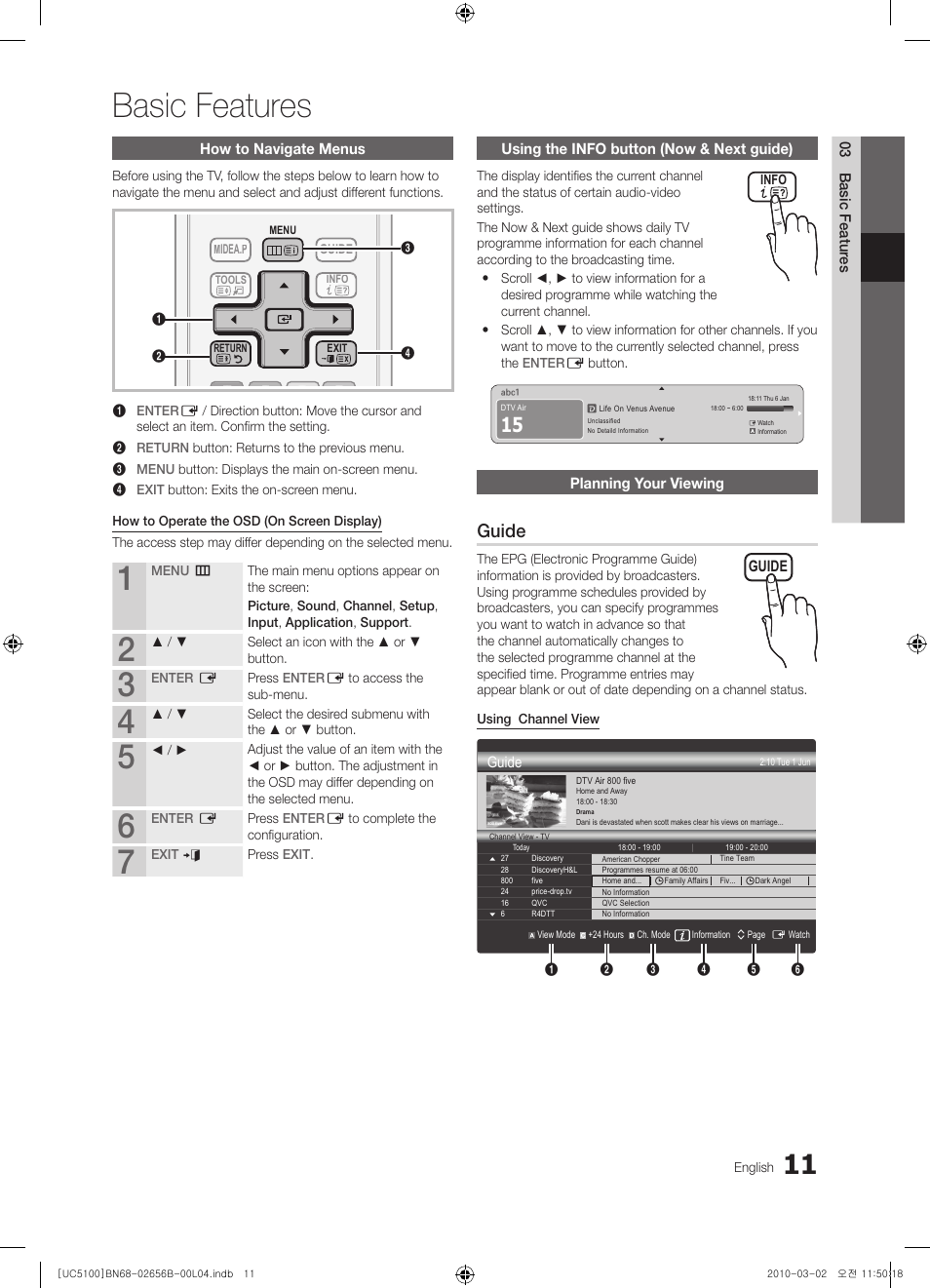 Basic features, How to navigate menus, Using the info button (now & next guide) | Planning your viewing, Guide | Samsung UE40C5100QW User Manual | Page 11 / 203