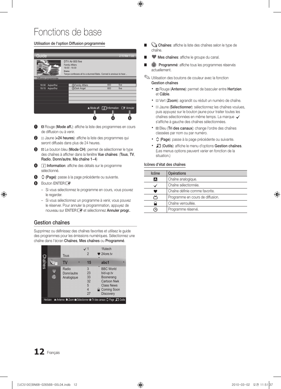 Fonctions de base, Gestion chaînes | Samsung UE40C5100QW User Manual | Page 112 / 203