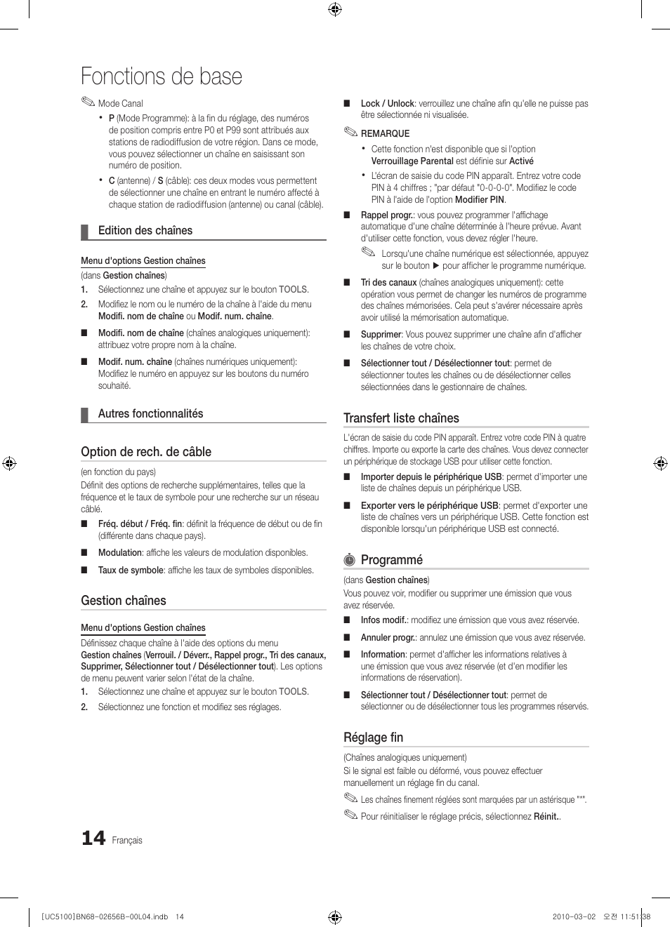 Fonctions de base, Option de rech. de câble, Gestion chaînes | Transfert liste chaînes, Programmé, Réglage fin | Samsung UE40C5100QW User Manual | Page 114 / 203
