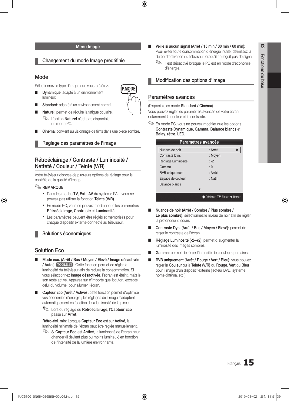 Mode, Solution eco, Paramètres avancés | Samsung UE40C5100QW User Manual | Page 115 / 203