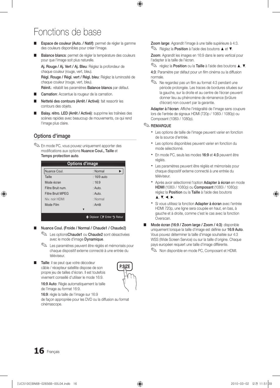 Fonctions de base, Options d'image | Samsung UE40C5100QW User Manual | Page 116 / 203