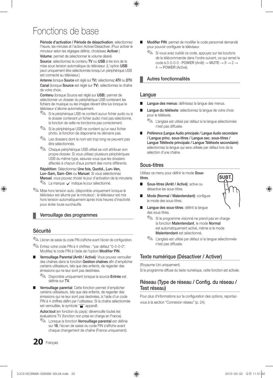 Fonctions de base | Samsung UE40C5100QW User Manual | Page 120 / 203