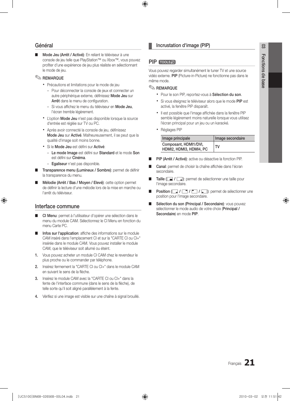 Général, Interface commune | Samsung UE40C5100QW User Manual | Page 121 / 203
