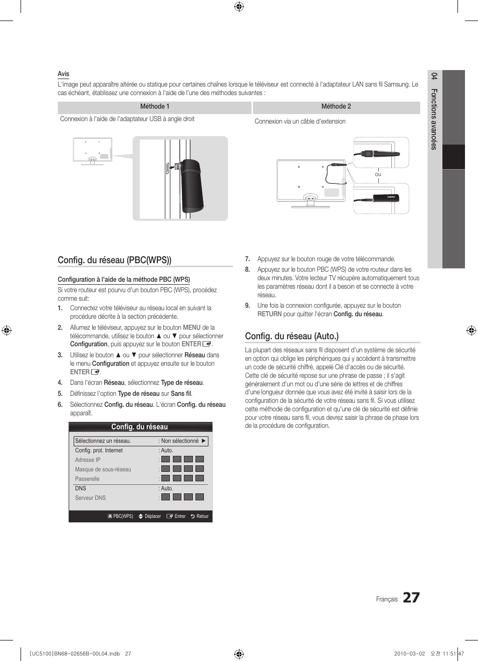 Config. du réseau (pbc(wps)), Config. du réseau (auto.) | Samsung UE40C5100QW User Manual | Page 127 / 203